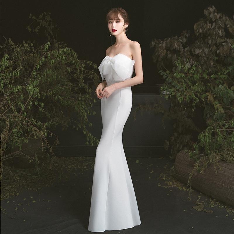 旗艦店白色晚禮服女2023新款抹胸氣質修身名媛高級感魚尾長款主持人禮服-細節圖4