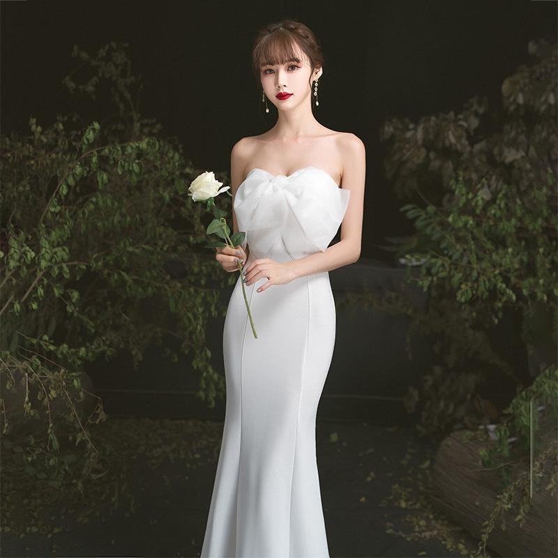 旗艦店白色晚禮服女2023新款抹胸氣質修身名媛高級感魚尾長款主持人禮服-細節圖7