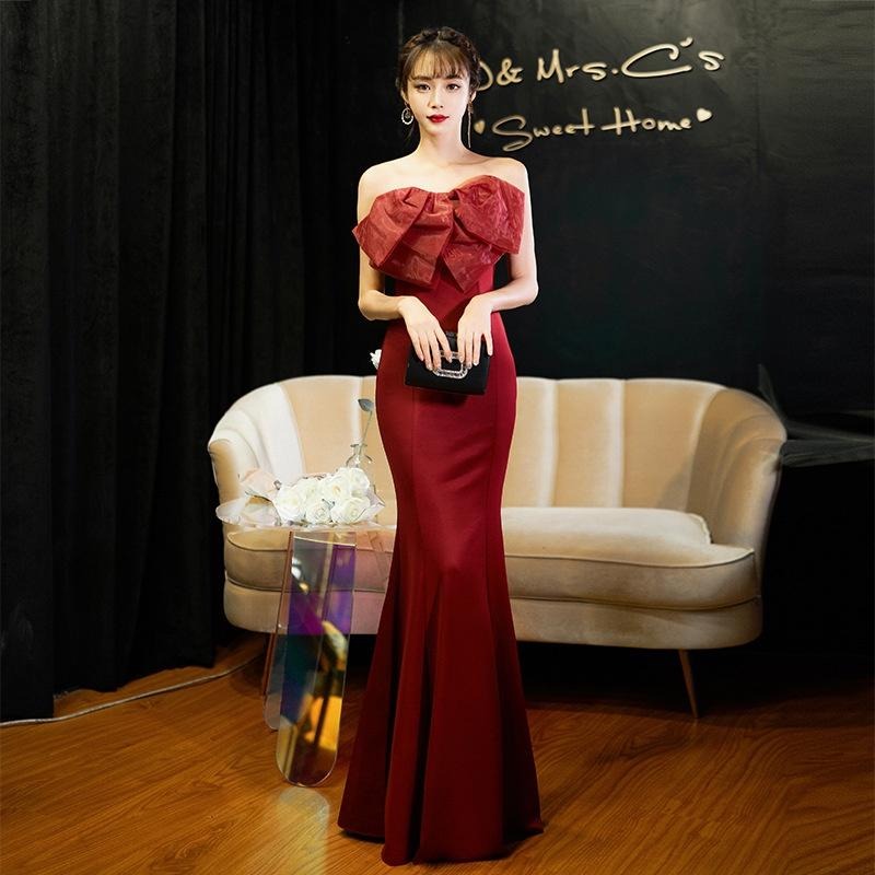 旗艦店白色晚禮服女2023新款抹胸氣質修身名媛高級感魚尾長款主持人禮服-細節圖8