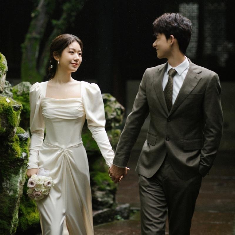 旗艦店韓式緞面輕婚紗白色簡約長袖出門紗新娘氣質魚尾顯瘦晚禮服女-細節圖2