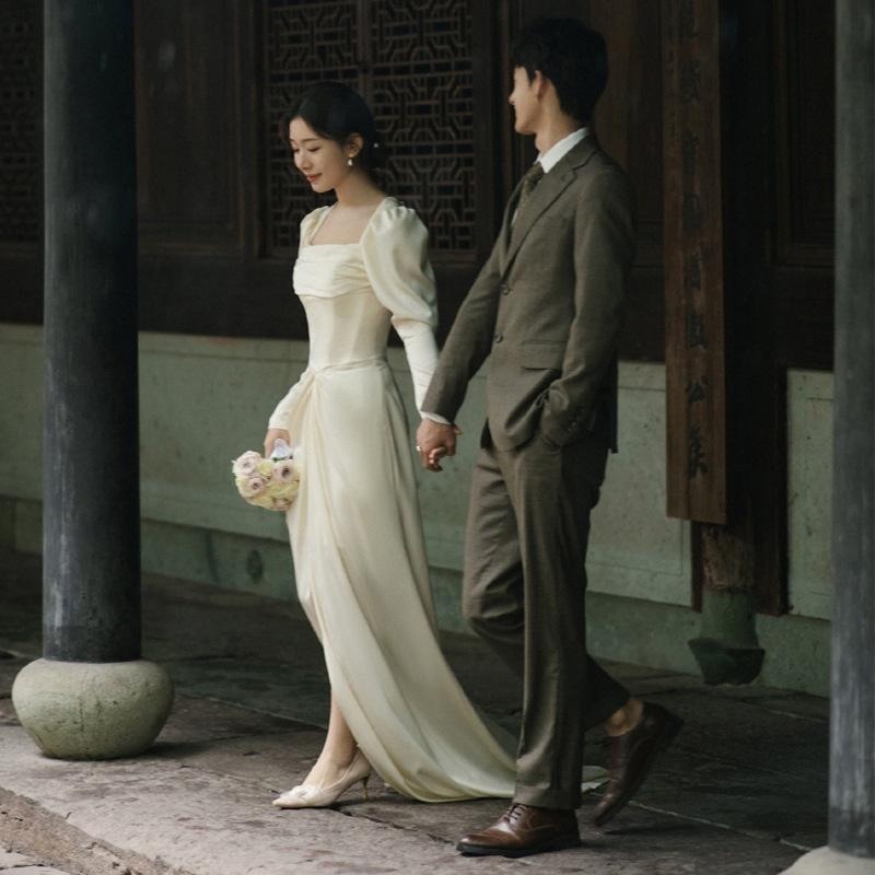 旗艦店韓式緞面輕婚紗白色簡約長袖出門紗新娘氣質魚尾顯瘦晚禮服女-細節圖3