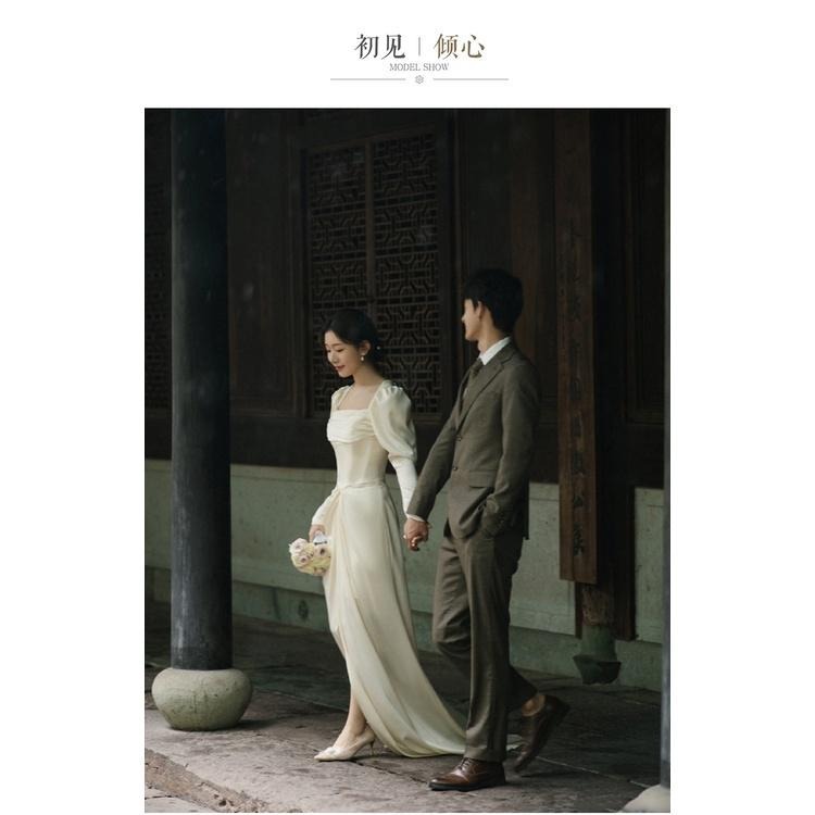 旗艦店韓式緞面輕婚紗白色簡約長袖出門紗新娘氣質魚尾顯瘦晚禮服女-細節圖8