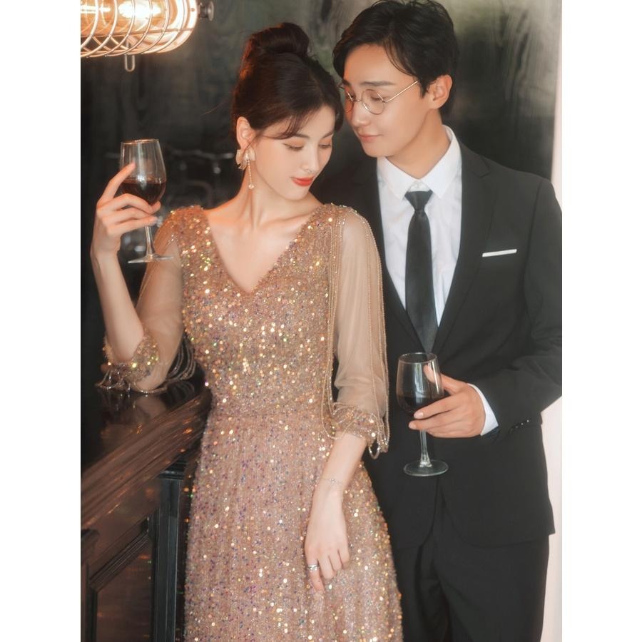 晚宴會小晚禮服裙女年會主持人2023新款夏季訂婚敬酒服新娘禮服-細節圖2