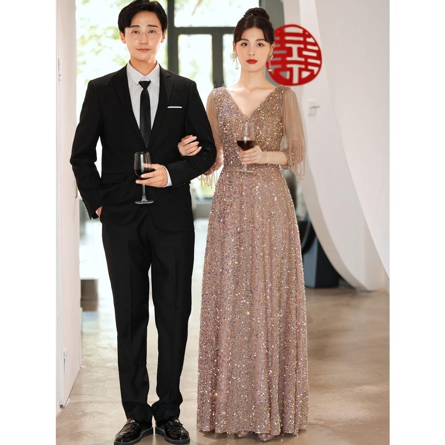 晚宴會小晚禮服裙女年會主持人2023新款夏季訂婚敬酒服新娘禮服-細節圖3