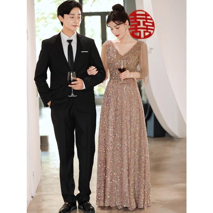 晚宴會小晚禮服裙女年會主持人2023新款夏季訂婚敬酒服新娘禮服-細節圖5