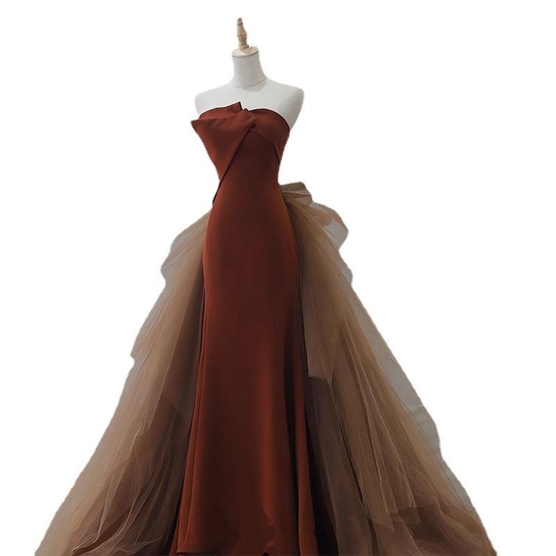 焦糖色魚尾抹胸禮服2023夏季訂婚結婚新娘敬酒服女主持人晚禮服-細節圖5