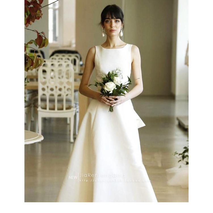 旗艦店婚紗2023新款新娘簡約公主夢幻一字肩緞面森系出門紗旅拍輕婚紗-細節圖7