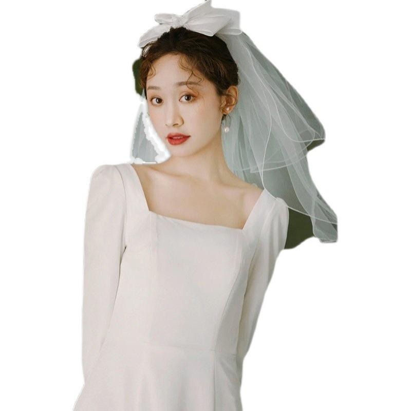 旗艦店緞面輕婚紗2023夏法式旅拍復古簡約領證小白裙長袖白色訂婚小禮服-細節圖5