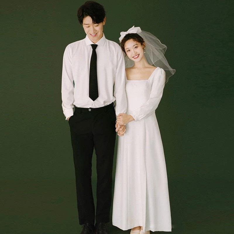 旗艦店緞面輕婚紗2023夏法式旅拍復古簡約領證小白裙長袖白色訂婚小禮服-細節圖6