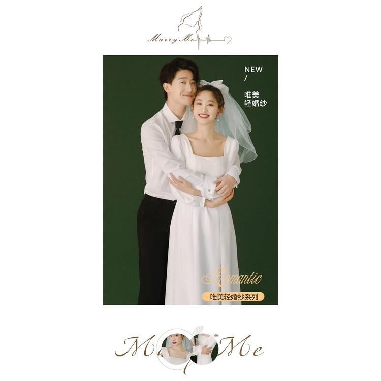 旗艦店緞面輕婚紗2023夏法式旅拍復古簡約領證小白裙長袖白色訂婚小禮服-細節圖7