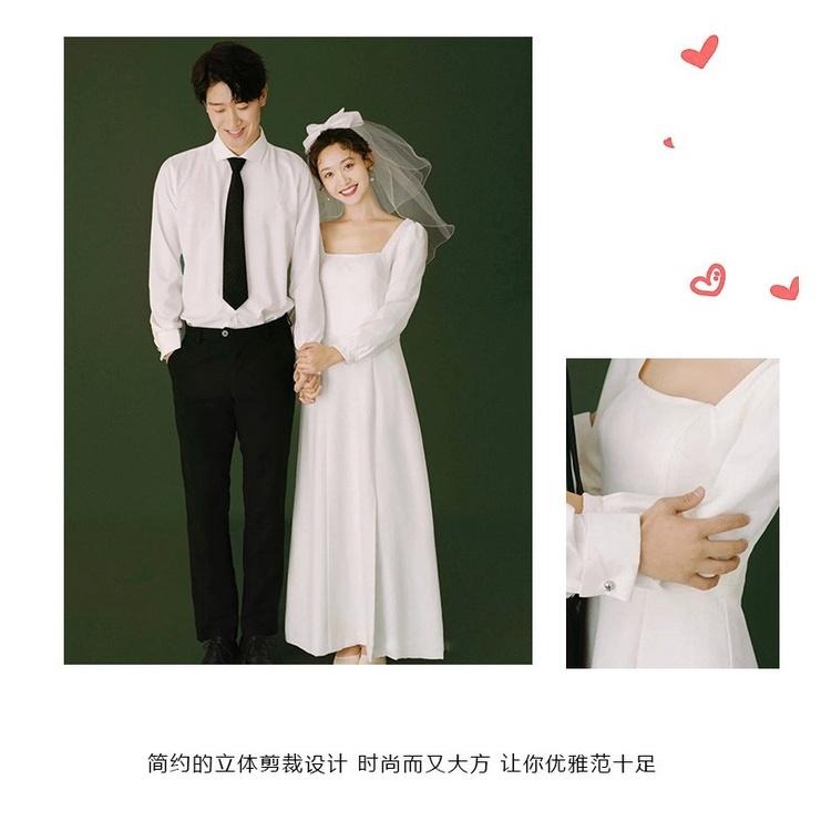 旗艦店緞面輕婚紗2023夏法式旅拍復古簡約領證小白裙長袖白色訂婚小禮服-細節圖8