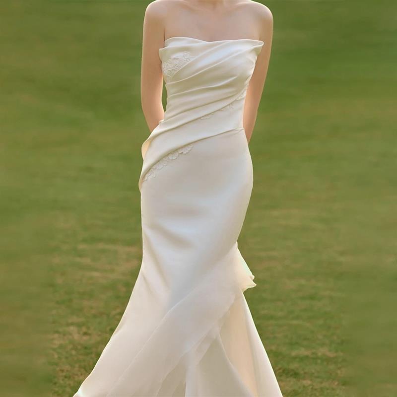 旗艦店輕婚紗高級感超仙森系戶外草坪旅拍出門紗新娘緞面迎賓禮服魚尾裙-細節圖2