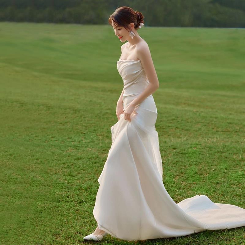 旗艦店輕婚紗高級感超仙森系戶外草坪旅拍出門紗新娘緞面迎賓禮服魚尾裙-細節圖4