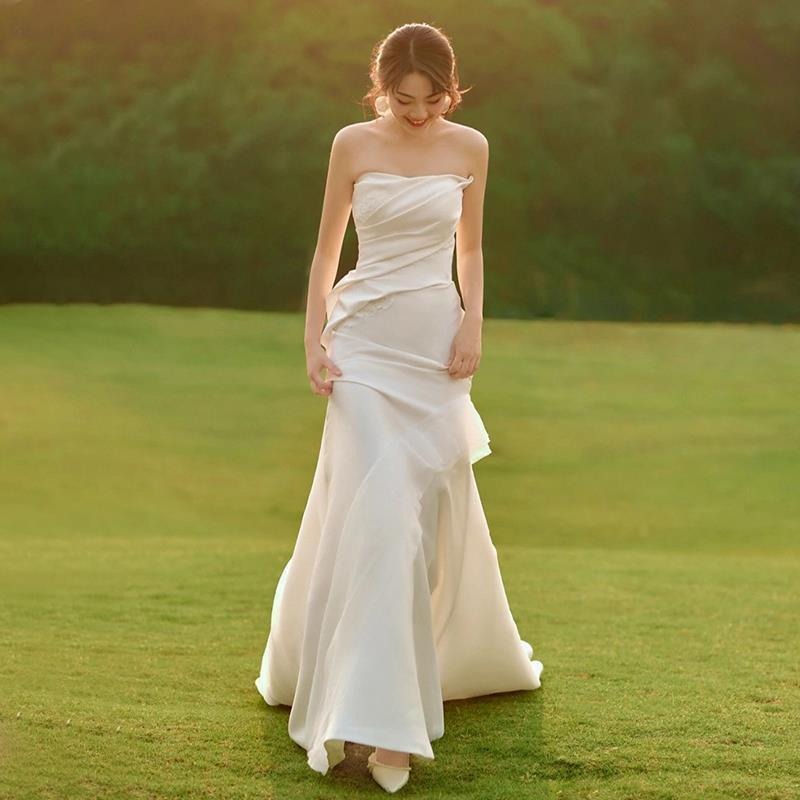 旗艦店輕婚紗高級感超仙森系戶外草坪旅拍出門紗新娘緞面迎賓禮服魚尾裙-細節圖6