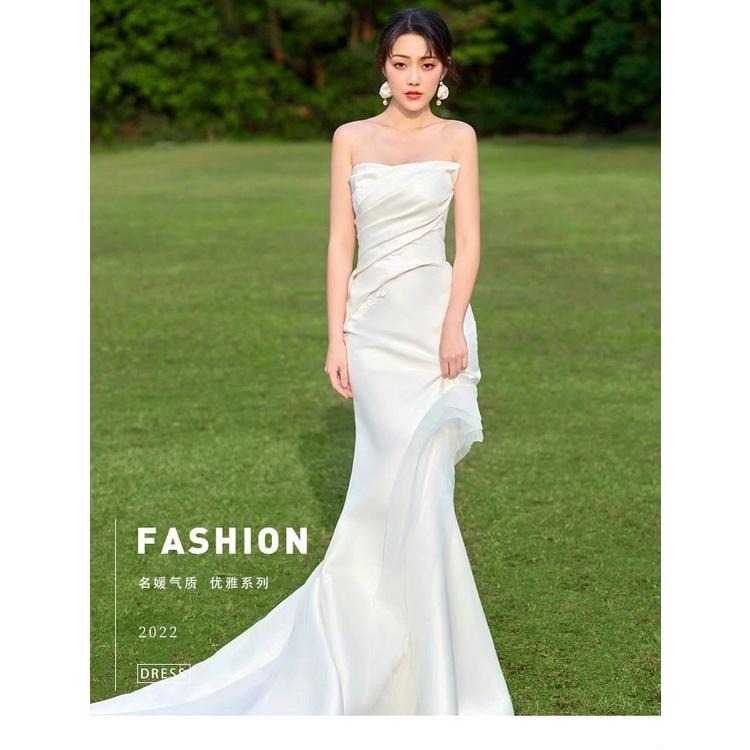 旗艦店輕婚紗高級感超仙森系戶外草坪旅拍出門紗新娘緞面迎賓禮服魚尾裙-細節圖7