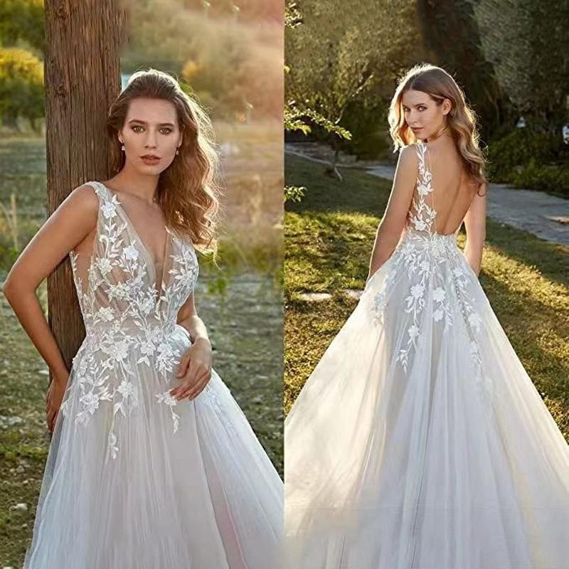 婚紗2023新款簡約森系度假旅拍戶外海邊沙灘外景露背輕婚紗禮服夏-細節圖2