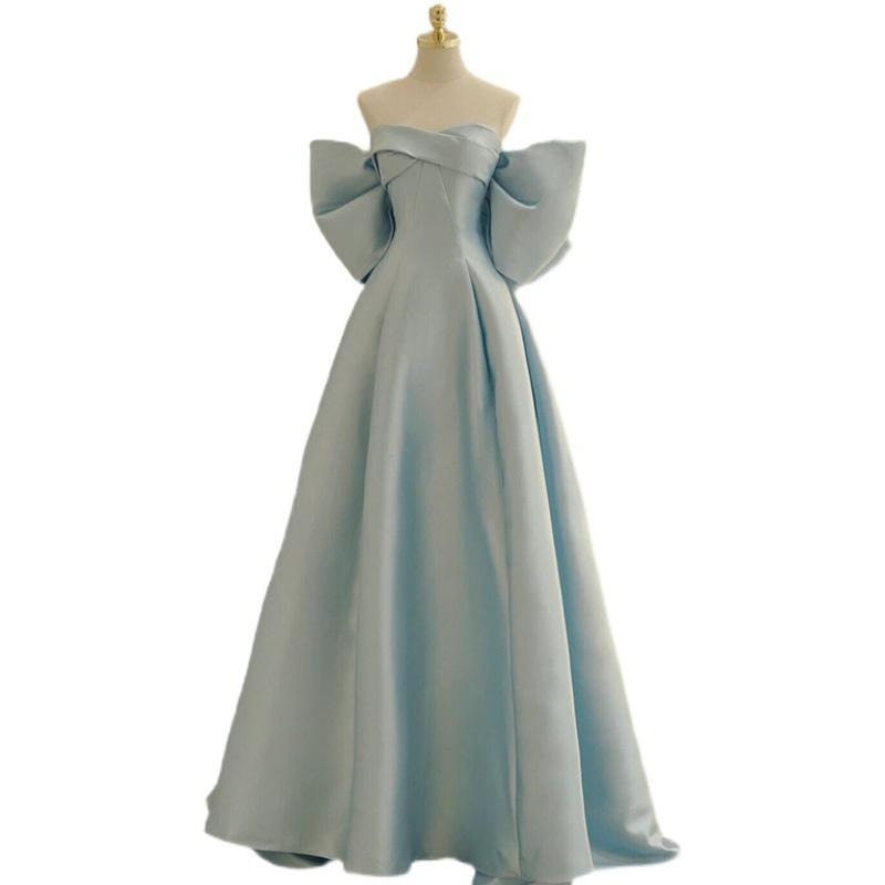 天藍色在逃公主晚禮服抹胸輕奢小眾主持人連衣裙新娘結婚敬酒服-細節圖5