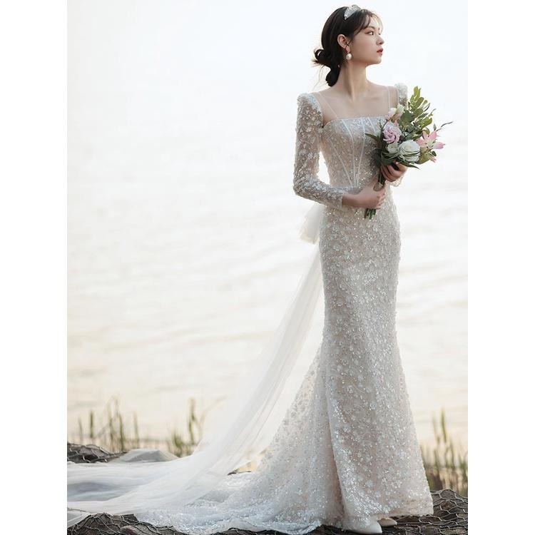 法式輕婚紗2023新款新娘氣質簡約連衣裙收腰魚尾旅拍婚紗禮服亮片-細節圖2