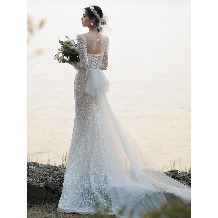 法式輕婚紗2023新款新娘氣質簡約連衣裙收腰魚尾旅拍婚紗禮服亮片-細節圖3