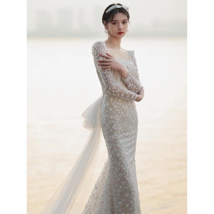 法式輕婚紗2023新款新娘氣質簡約連衣裙收腰魚尾旅拍婚紗禮服亮片-細節圖4