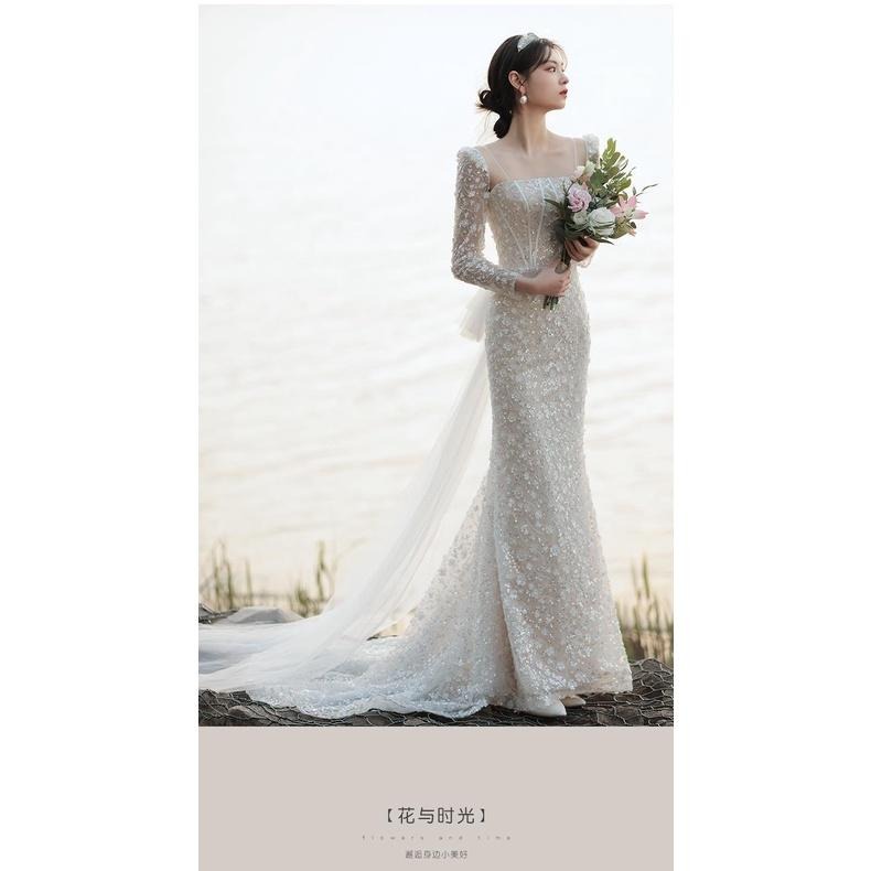 法式輕婚紗2023新款新娘氣質簡約連衣裙收腰魚尾旅拍婚紗禮服亮片-細節圖7