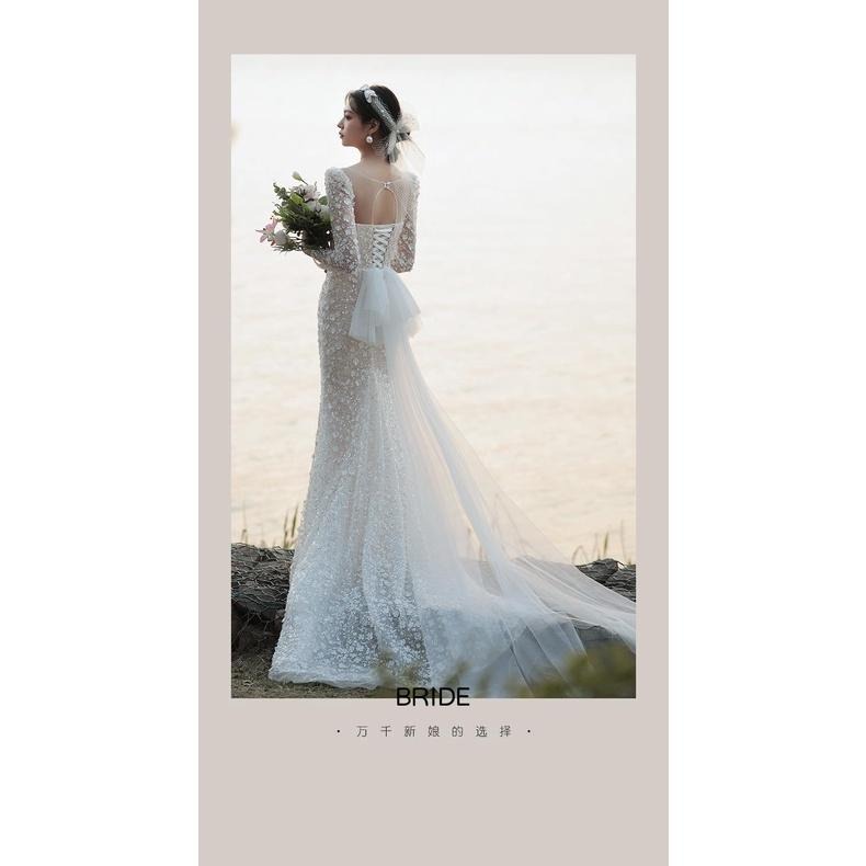 法式輕婚紗2023新款新娘氣質簡約連衣裙收腰魚尾旅拍婚紗禮服亮片-細節圖8