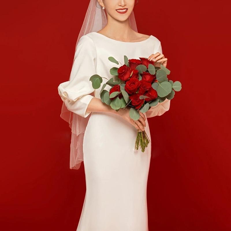 旗艦店緞面輕婚紗2023新款新娘中式復古白色簡約領證小白裙魚尾禮服長袖-細節圖3