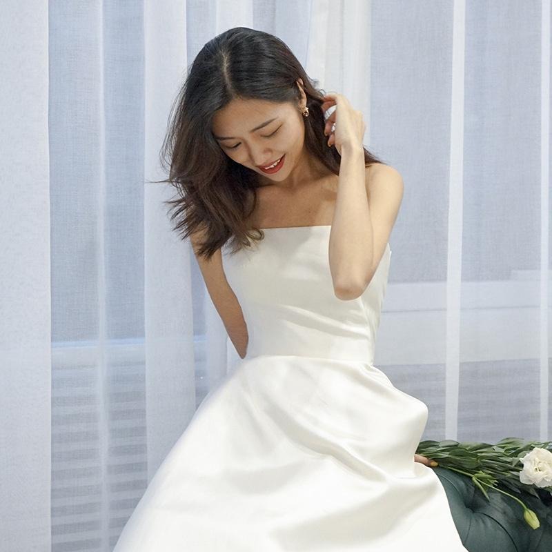 旗艦店緞面婚紗簡約2023春季新款韓版抹胸高腰顯瘦夢幻公主戶外旅拍婚紗-細節圖3