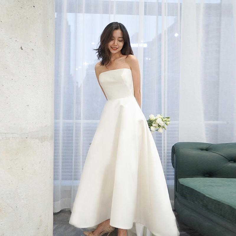 旗艦店緞面婚紗簡約2023春季新款韓版抹胸高腰顯瘦夢幻公主戶外旅拍婚紗-細節圖6