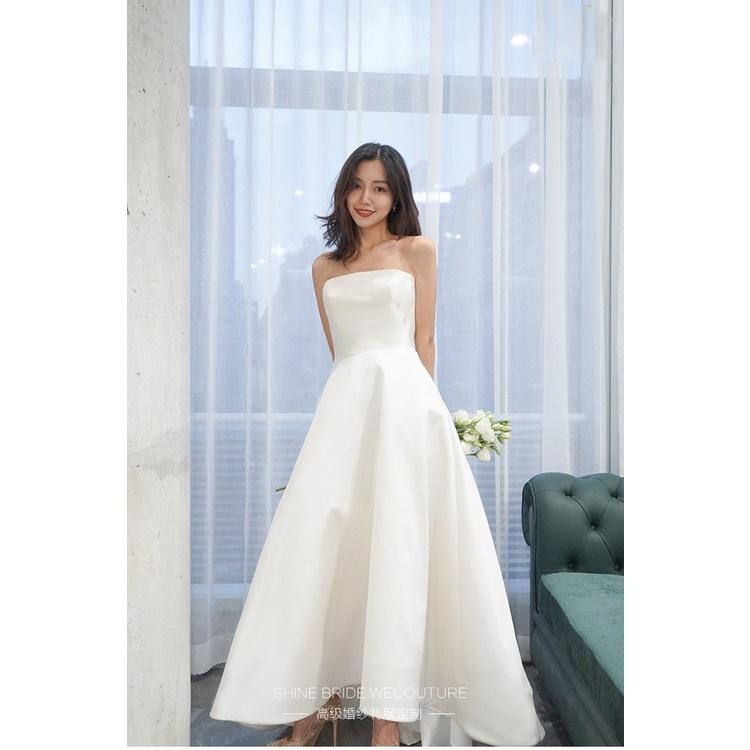 旗艦店緞面婚紗簡約2023春季新款韓版抹胸高腰顯瘦夢幻公主戶外旅拍婚紗-細節圖8