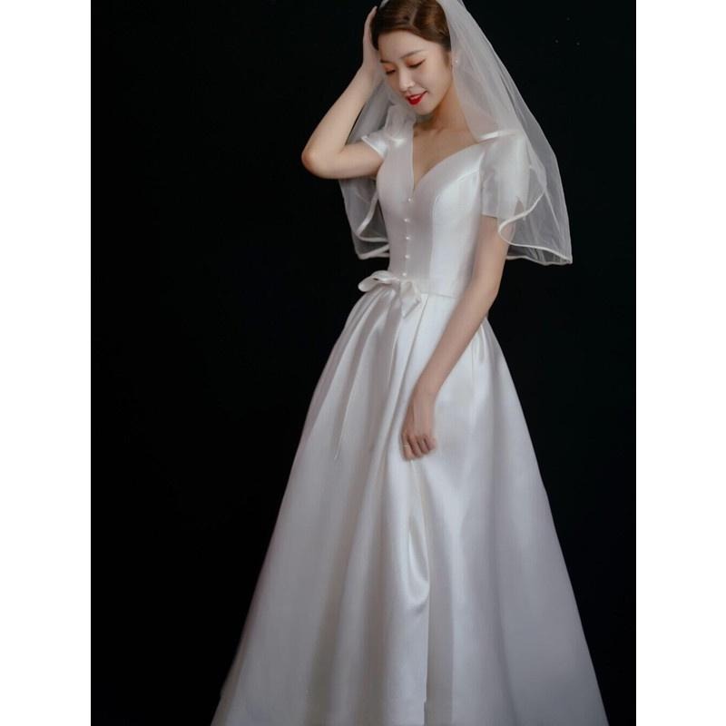 旗艦店緞面輕婚紗復古法式中長款白色顯瘦2023新款新娘短袖赫本風禮服-細節圖2