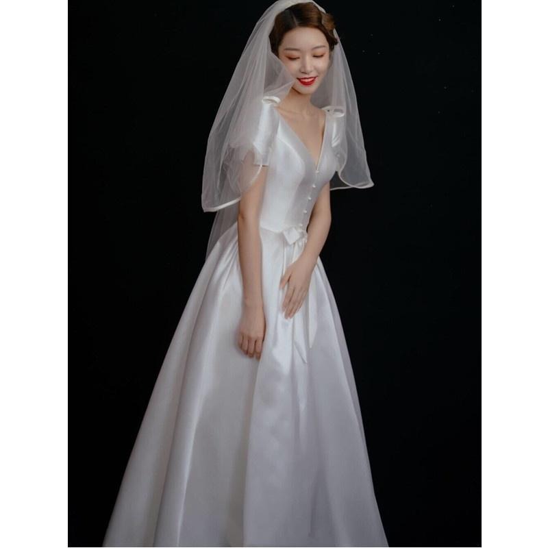 旗艦店緞面輕婚紗復古法式中長款白色顯瘦2023新款新娘短袖赫本風禮服-細節圖3