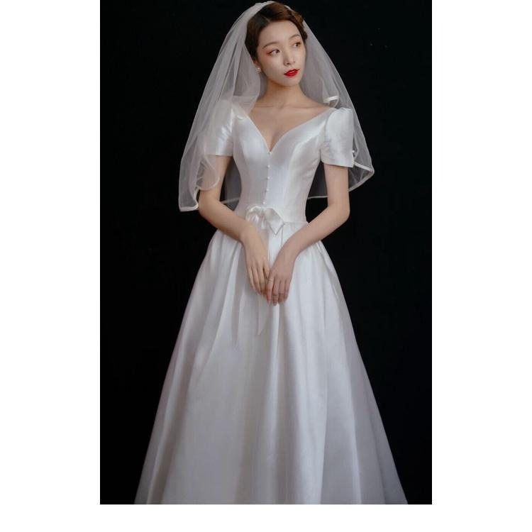 旗艦店緞面輕婚紗復古法式中長款白色顯瘦2023新款新娘短袖赫本風禮服-細節圖7