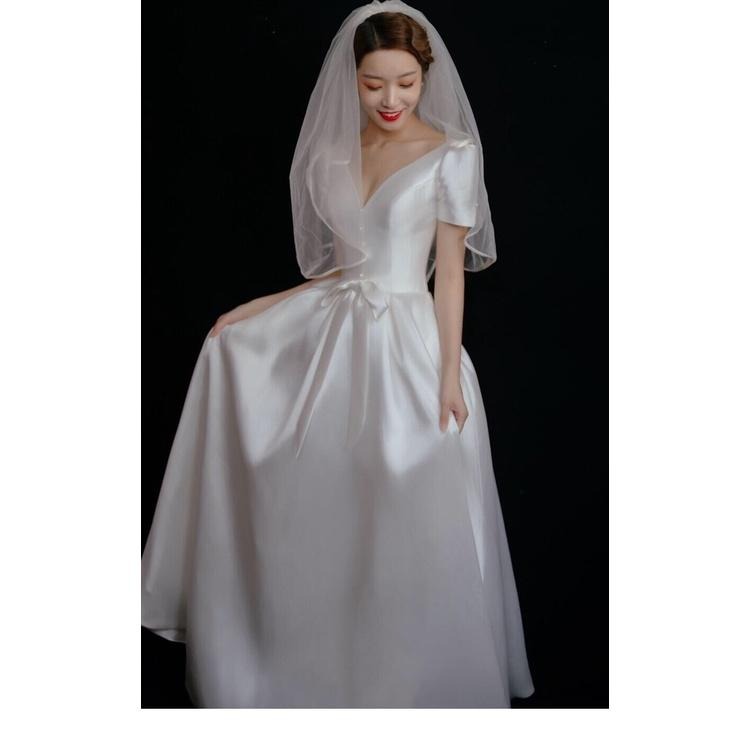 旗艦店緞面輕婚紗復古法式中長款白色顯瘦2023新款新娘短袖赫本風禮服-細節圖8