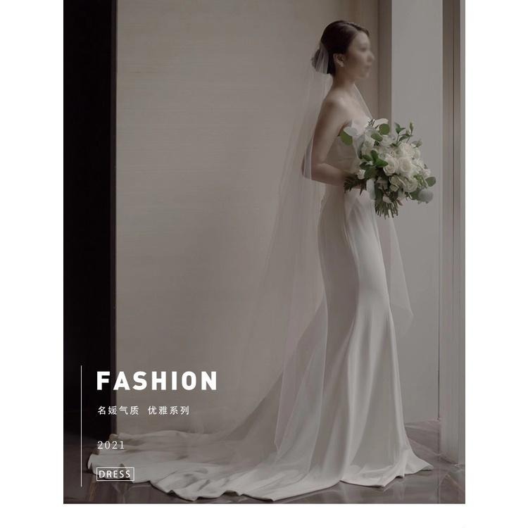 旗艦店緞面魚尾輕婚紗氣質抹胸新娘出門紗簡約戶外草坪旅拍法式拖尾婚紗-細節圖7