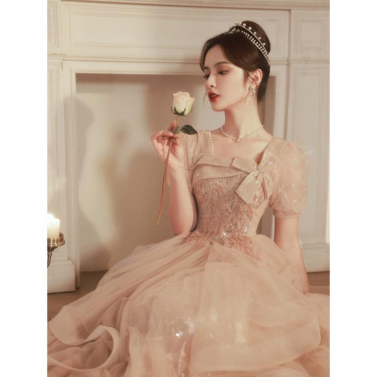 晚禮服女2023新款宴會氣質輕奢小眾香檳色法式方領年會藝考禮服裙-細節圖2