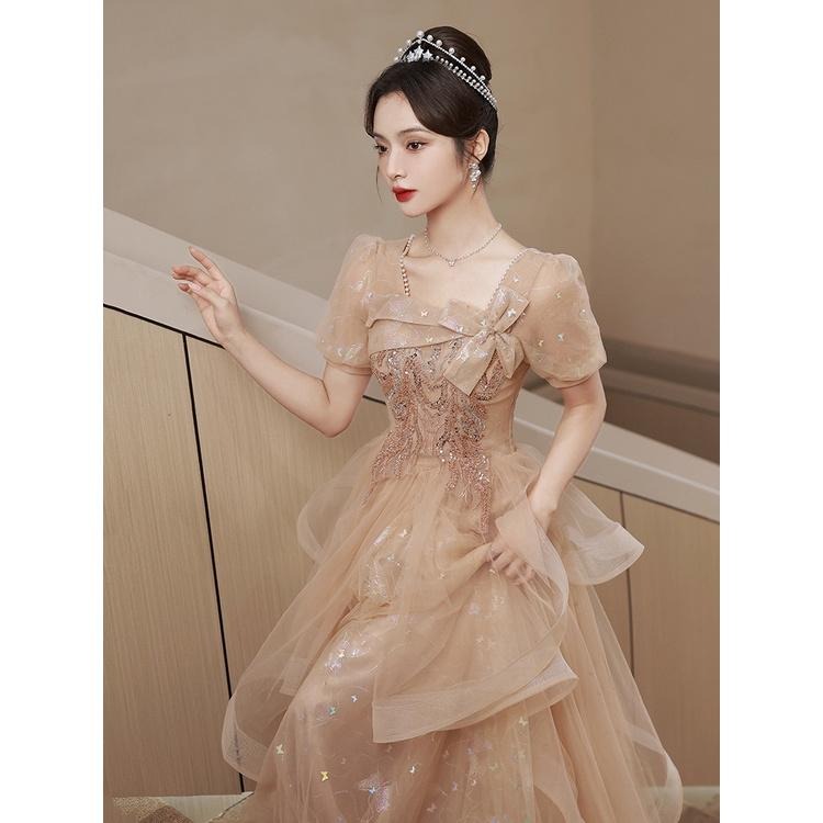 晚禮服女2023新款宴會氣質輕奢小眾香檳色法式方領年會藝考禮服裙-細節圖3