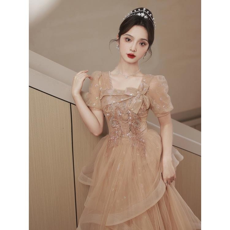 晚禮服女2023新款宴會氣質輕奢小眾香檳色法式方領年會藝考禮服裙-細節圖4
