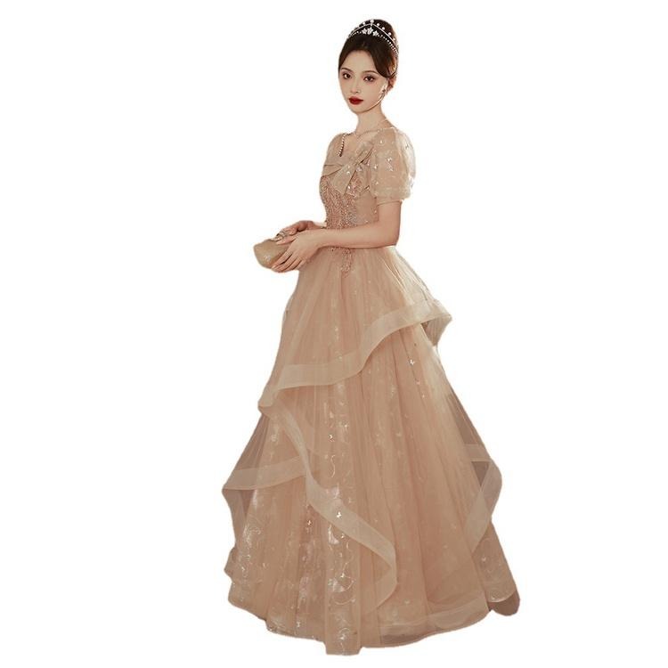 晚禮服女2023新款宴會氣質輕奢小眾香檳色法式方領年會藝考禮服裙-細節圖5