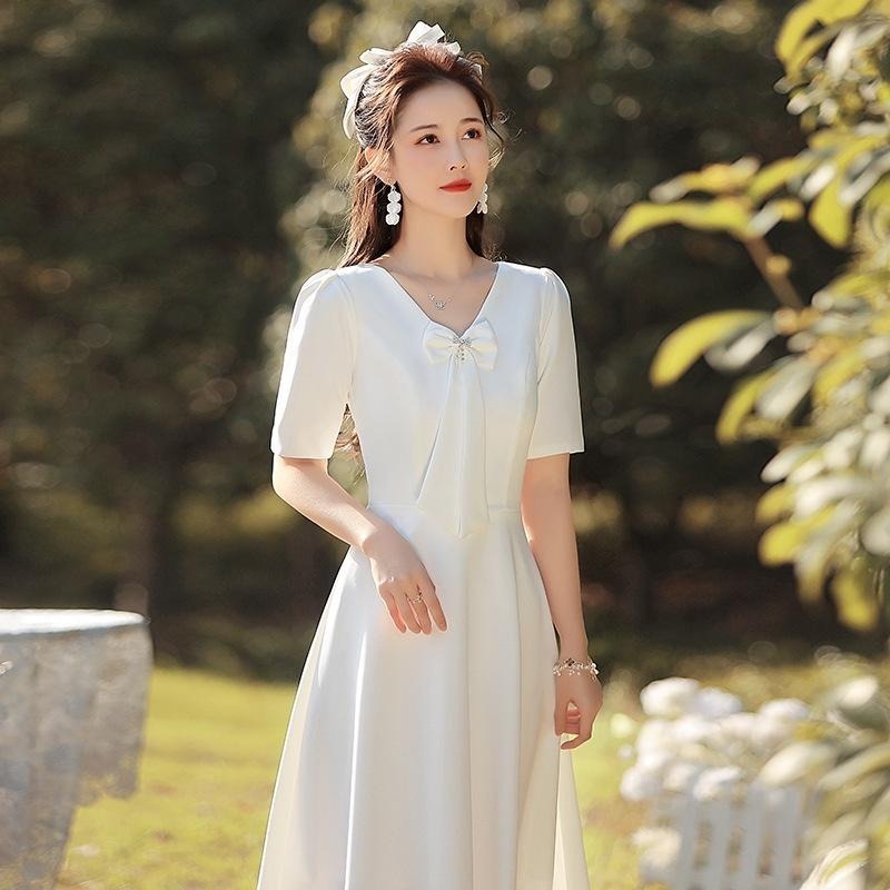 旗艦店領證登記小白裙日常法式平時可穿緞面輕婚紗禮服白裙子訂婚連衣裙-細節圖2