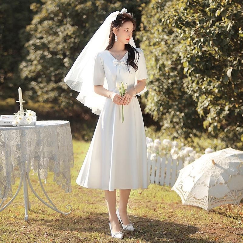 旗艦店領證登記小白裙日常法式平時可穿緞面輕婚紗禮服白裙子訂婚連衣裙-細節圖4