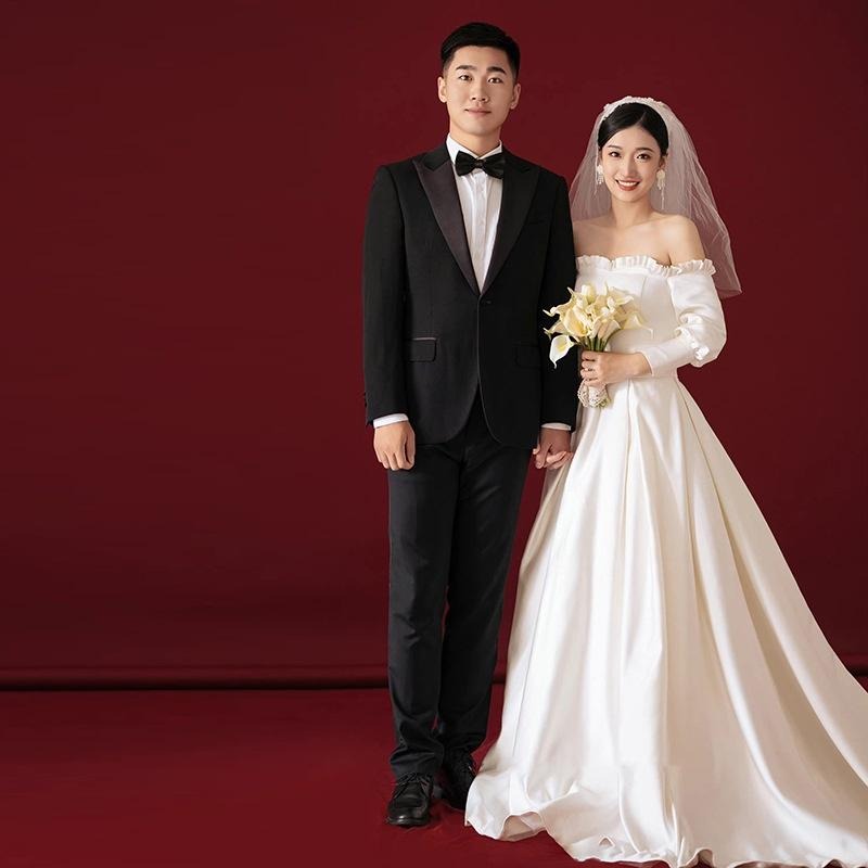 旗艦店法式緞面主婚紗新娘氣質春季一字肩長袖出門輕紗氣質森系超仙禮服-細節圖2