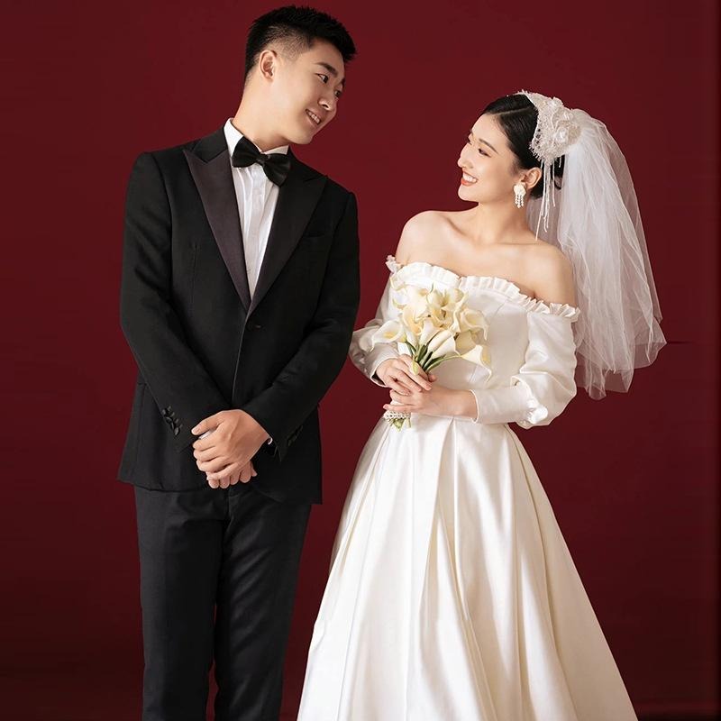 旗艦店法式緞面主婚紗新娘氣質春季一字肩長袖出門輕紗氣質森系超仙禮服-細節圖3