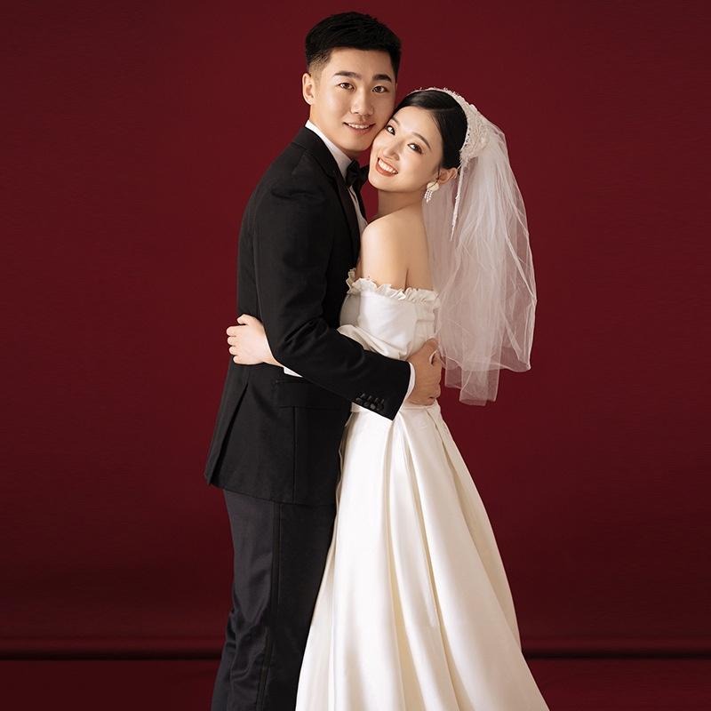 旗艦店法式緞面主婚紗新娘氣質春季一字肩長袖出門輕紗氣質森系超仙禮服-細節圖4