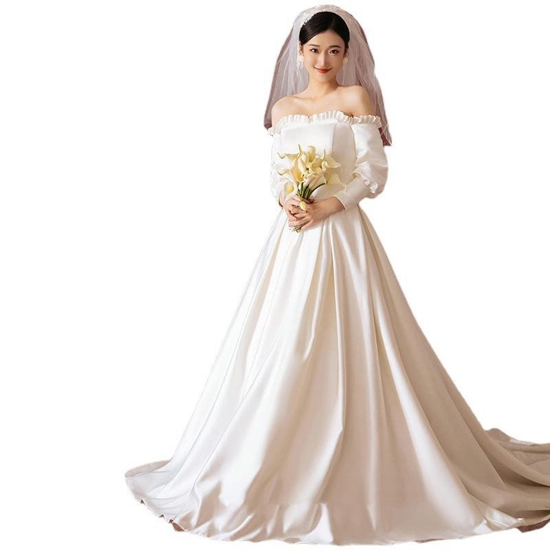 旗艦店法式緞面主婚紗新娘氣質春季一字肩長袖出門輕紗氣質森系超仙禮服-細節圖5