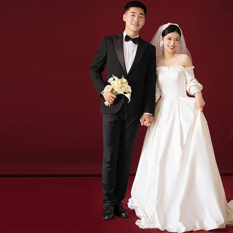 旗艦店法式緞面主婚紗新娘氣質春季一字肩長袖出門輕紗氣質森系超仙禮服-細節圖6