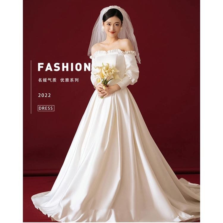 旗艦店法式緞面主婚紗新娘氣質春季一字肩長袖出門輕紗氣質森系超仙禮服-細節圖8