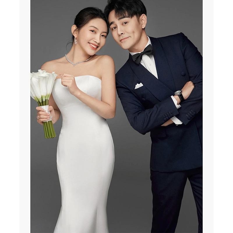 旗艦店緞面輕婚紗性感抹胸修身魚尾法式簡約新娘晚禮服女森系旅拍出門紗-細節圖2