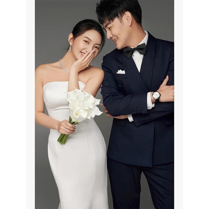 旗艦店緞面輕婚紗性感抹胸修身魚尾法式簡約新娘晚禮服女森系旅拍出門紗-細節圖3