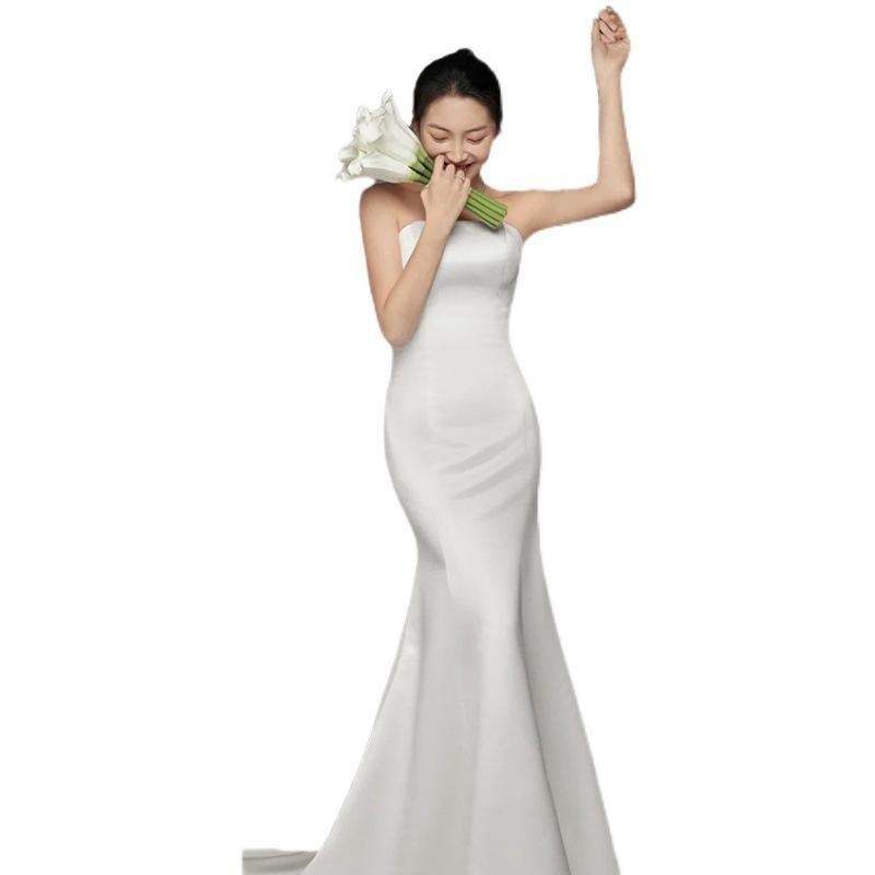 旗艦店緞面輕婚紗性感抹胸修身魚尾法式簡約新娘晚禮服女森系旅拍出門紗-細節圖5